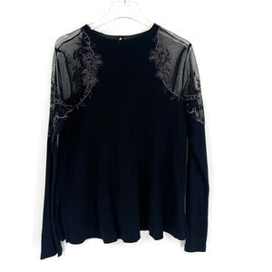 Free‎ People Top Womens S Daniella Black Ribbed Mesh Floral Shoulder Embroidered
